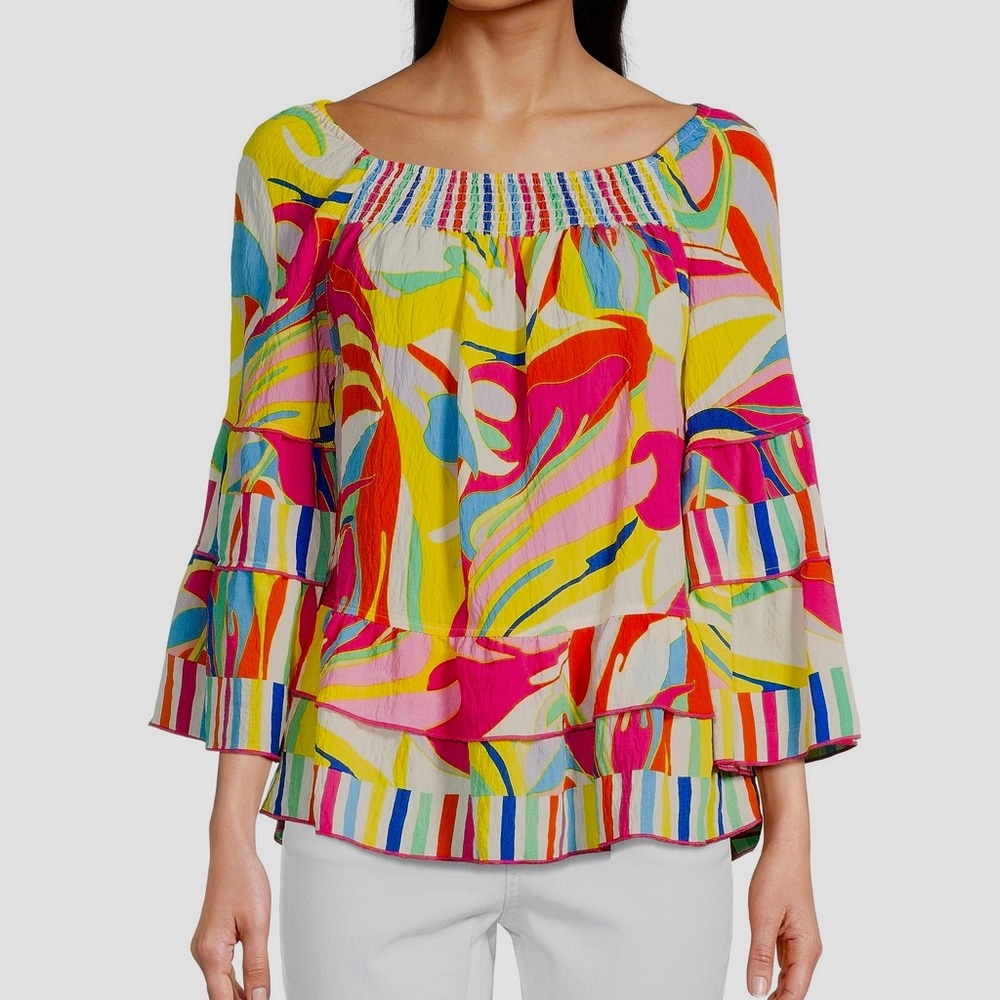 John Mark Abstract Waves Print Smocked Round Neck Ruffled Hem Woven Tunic